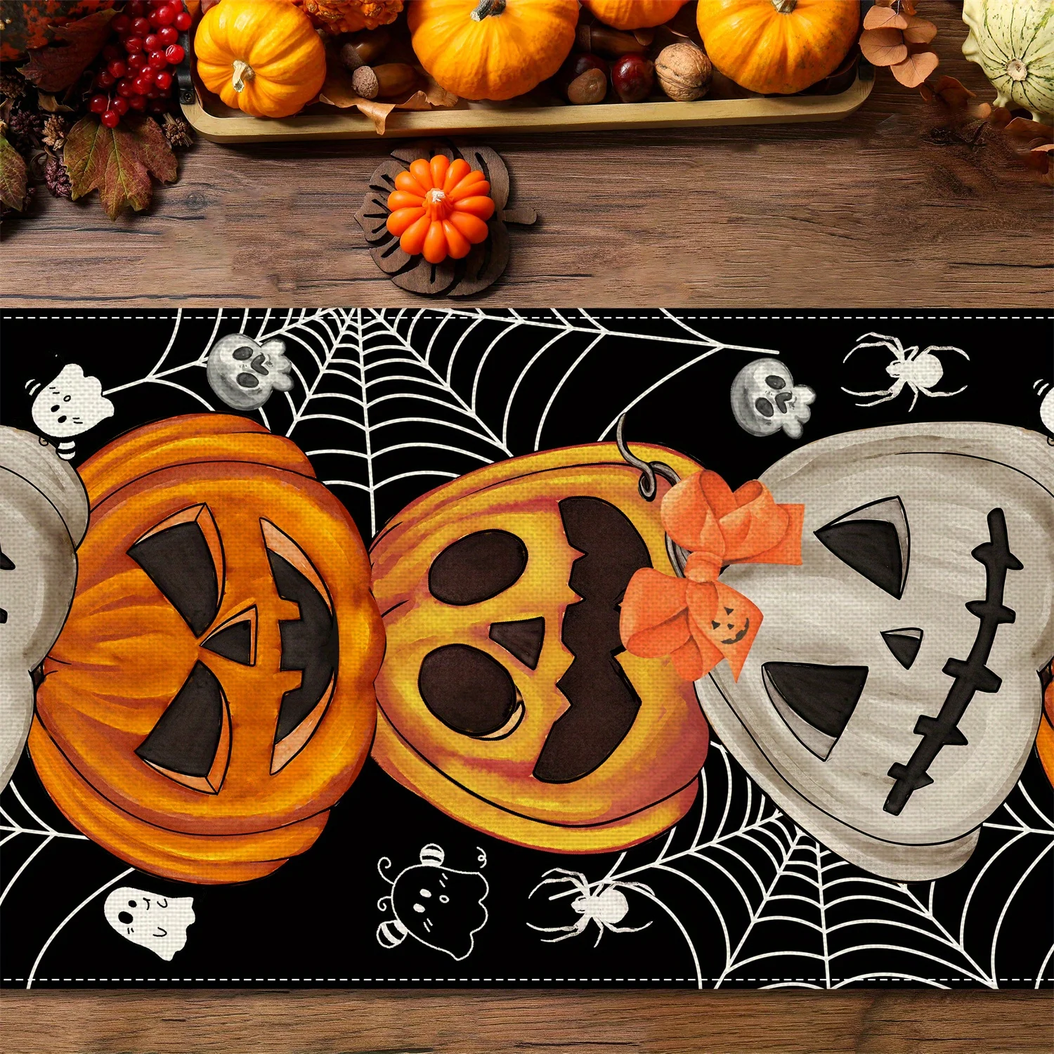 Bohemian Halloween Pumpkin Table Runner (13″ × 72″) – Rustic Linen Decor gallery view 5