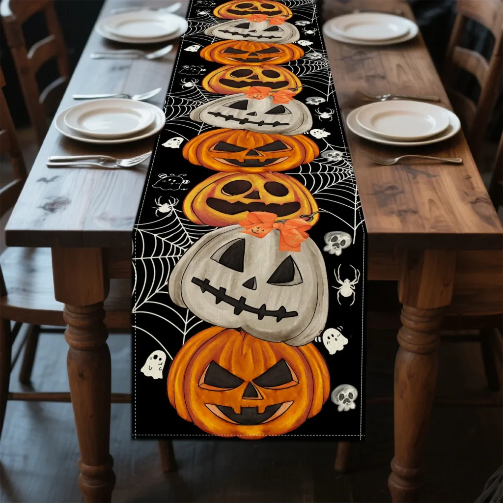 Bohemian Halloween Pumpkin Table Runner (13″ × 72″) – Rustic Linen Decor
