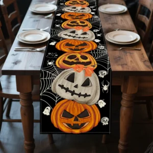 Bohemian Halloween Pumpkin Table Runner (13" × 72") – Rustic Linen Decor