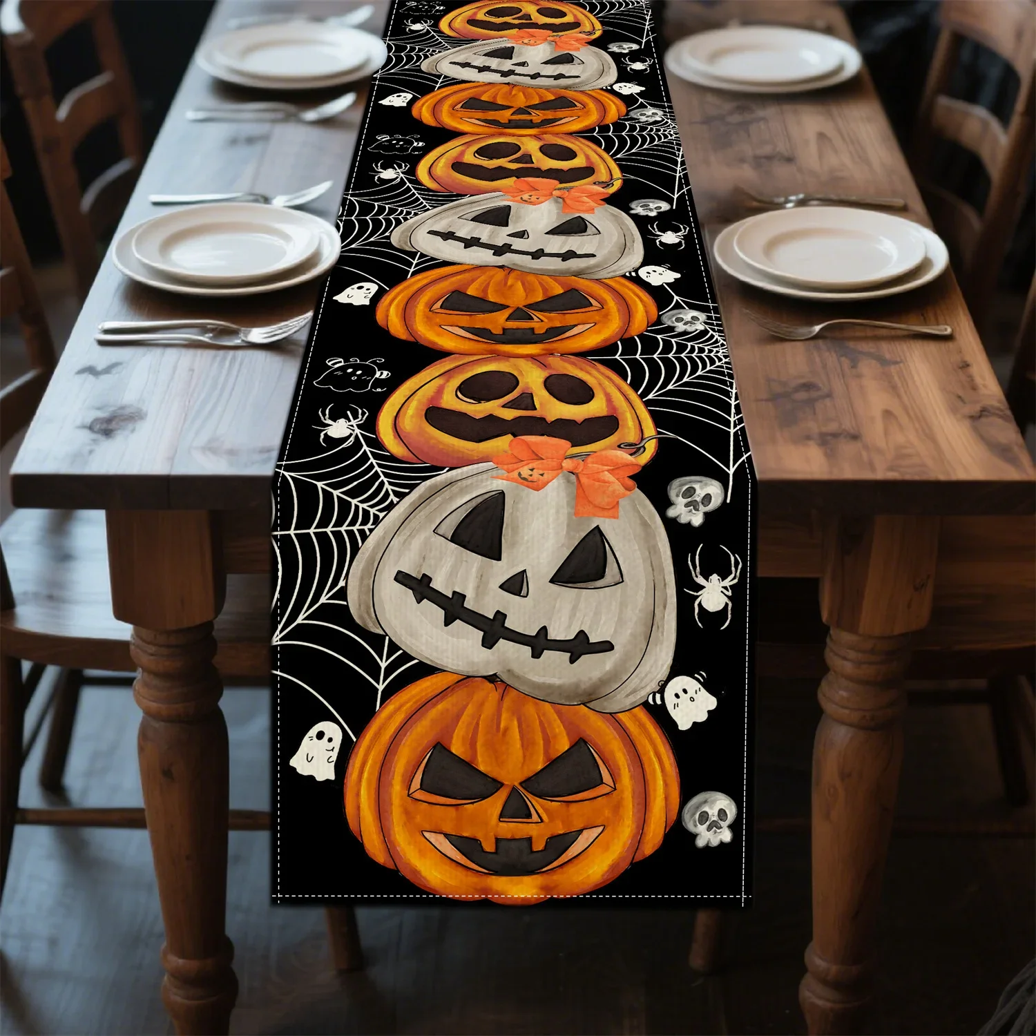 Bohemian Halloween Pumpkin Table Runner 13x72 Inches Displayed on Wooden Dining Table