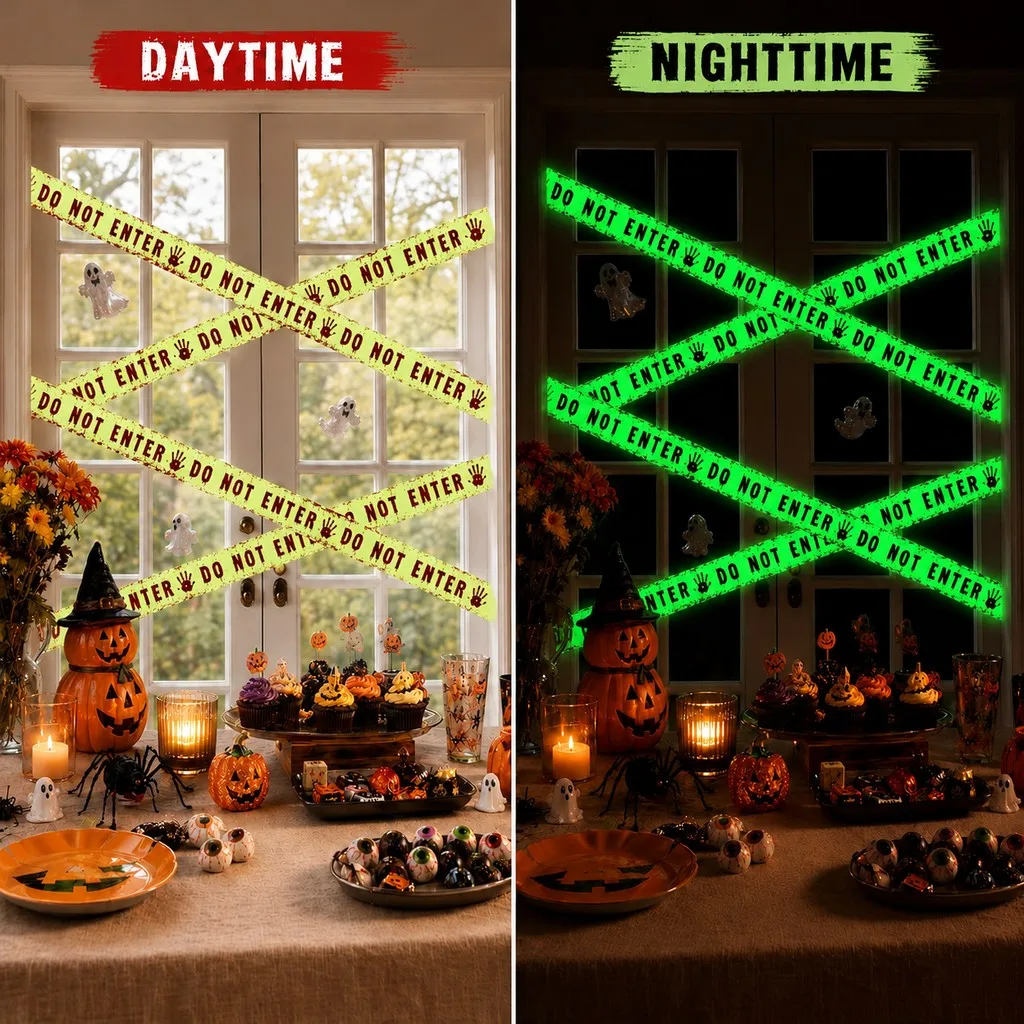 Daytime vs Nighttime Comparison Showing Bright Green Luminous Glow on Door