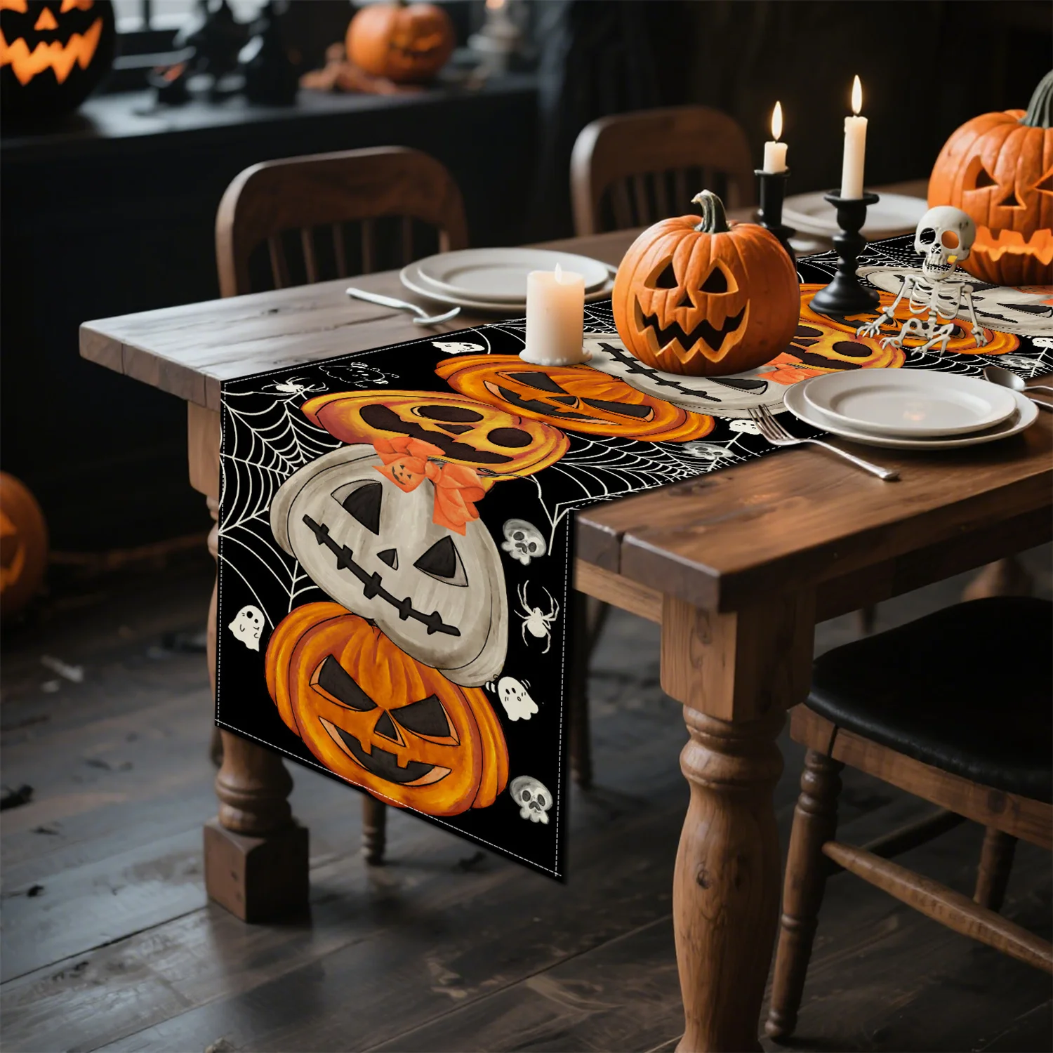 Bohemian Halloween Pumpkin Table Runner (13″ × 72″) – Rustic Linen Decor gallery view 3