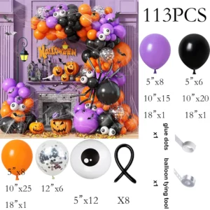 Halloween Balloon Garland Arch Kit (113-Piece Spooky Orange, Purple & Black Party Arch with Giant Balloon Spider, Eyeball Balloons & Assembly Strip)