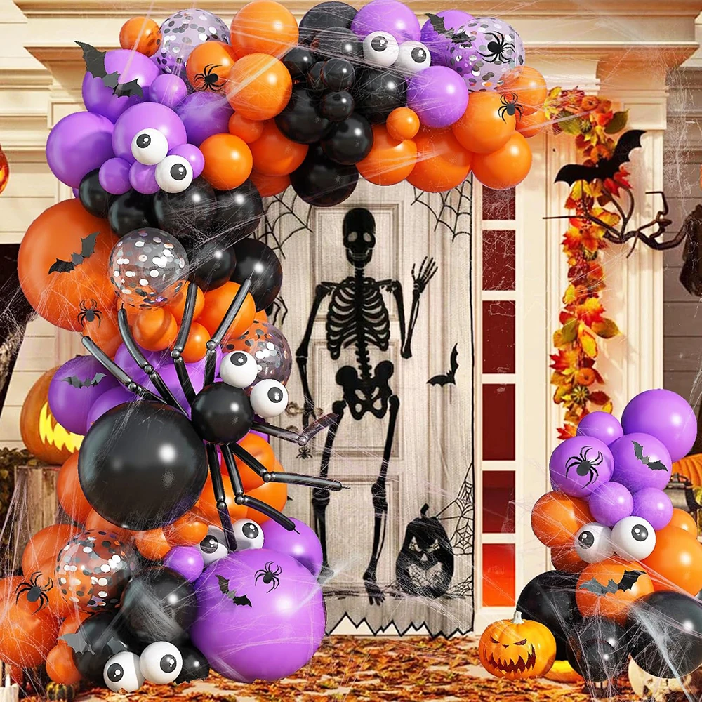 Front Porch Doorway Halloween Balloon Arch Display with Skeletons and Cobwebs
