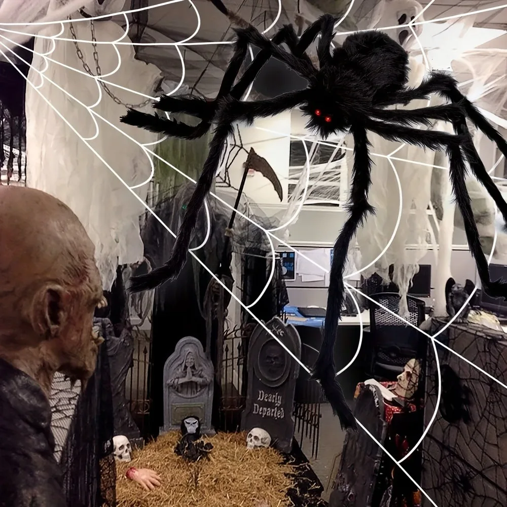 Giant Halloween Spider Outdoor Yard Decor (5 FT / 150 cm Large Poseable Furry Black Spider with Eerie Red Eyes for Giant Web, Lawn, Porch & Roof Display) gallery view 5