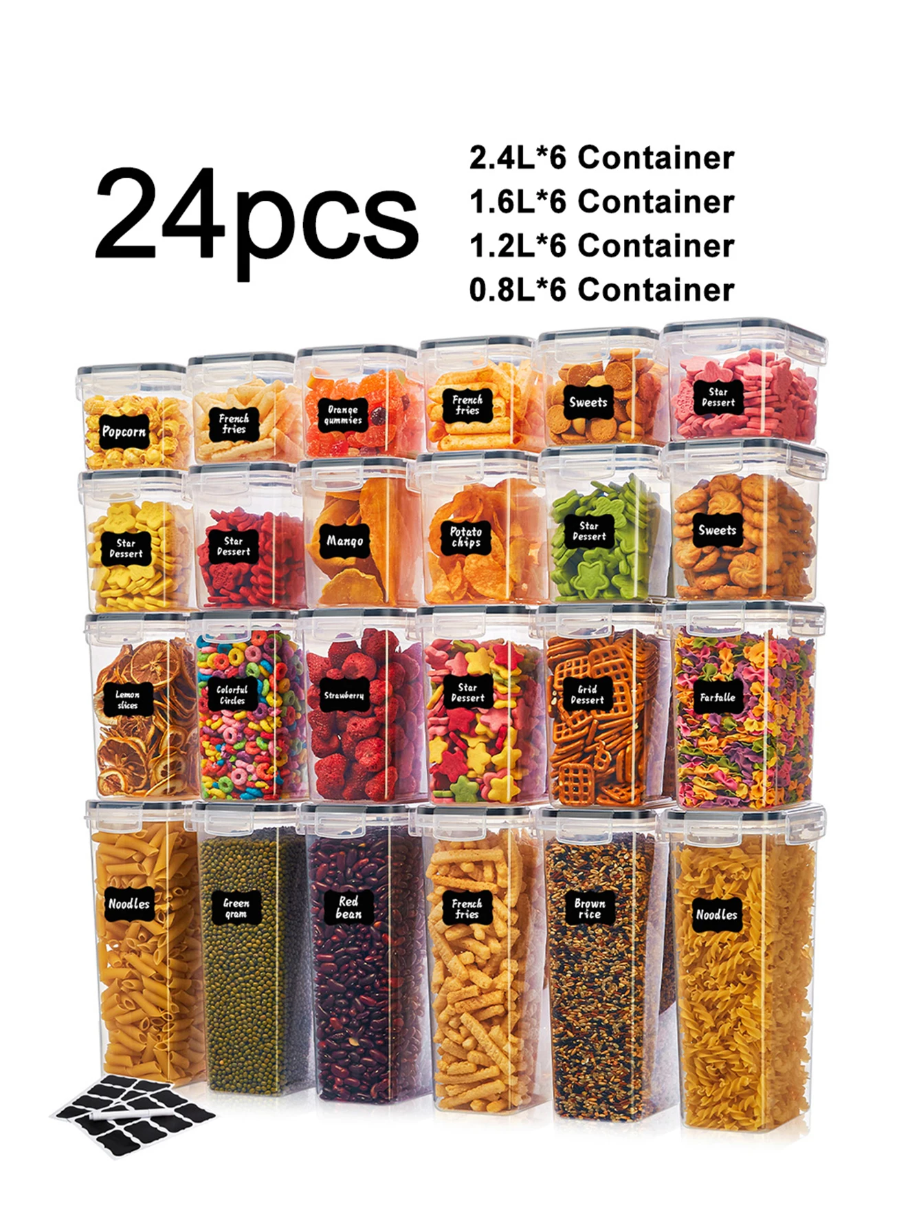 24-Piece Airtight Food Storage Containers Set (BPA-Free Modular Kitchen Pantry Organizers, 4 Multi-Use Sizes with Reusable Chalkboard Labels & Marker) gallery view 2