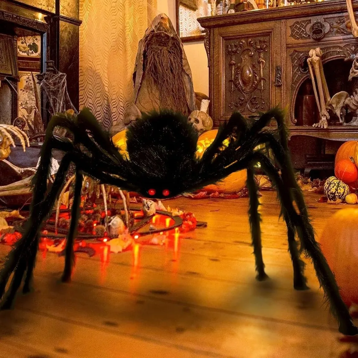 Giant Halloween Spider Outdoor Yard Decor (5 FT / 150 cm Large Poseable Furry Black Spider with Eerie Red Eyes for Giant Web, Lawn, Porch & Roof Display) gallery view 3