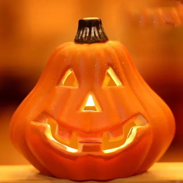 LED Light-Up Triple Layer Halloween Pumpkin (13.4" Pre-Lit 3-Tier Stacked Jack-o'-Lantern with Warm Amber Glow & Battery Power for Porch, Mantel & Tabletop) gallery view 6