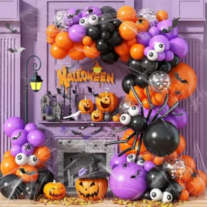 Halloween Balloon Garland Arch Kit (113-Piece Spooky Orange, Purple & Black Party Arch with Giant Balloon Spider, Eyeball Balloons & Assembly Strip)