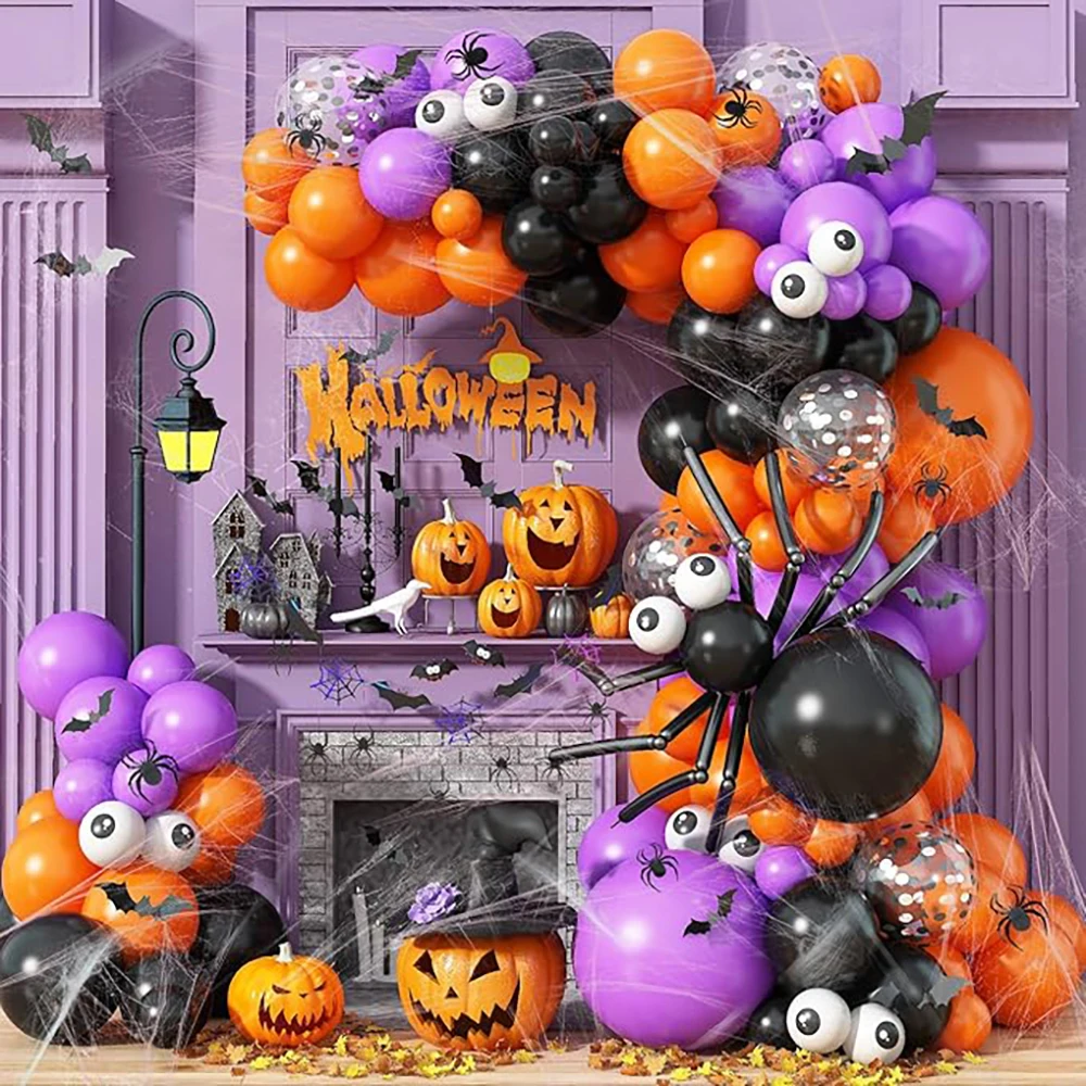 Halloween Balloon Garland Arch Kit (113-Piece Spooky Orange, Purple & Black Party Arch with Giant Balloon Spider, Eyeball Balloons & Assembly Strip)