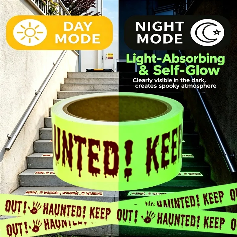 Glow-in-the-Dark Halloween Warning Tape (10 FT / 3M Luminous "DO NOT ENTER" Self-Adhesive Barrier Tape with Dripping Blood & Handprints for Doors, Stairs & Porch) gallery view 6