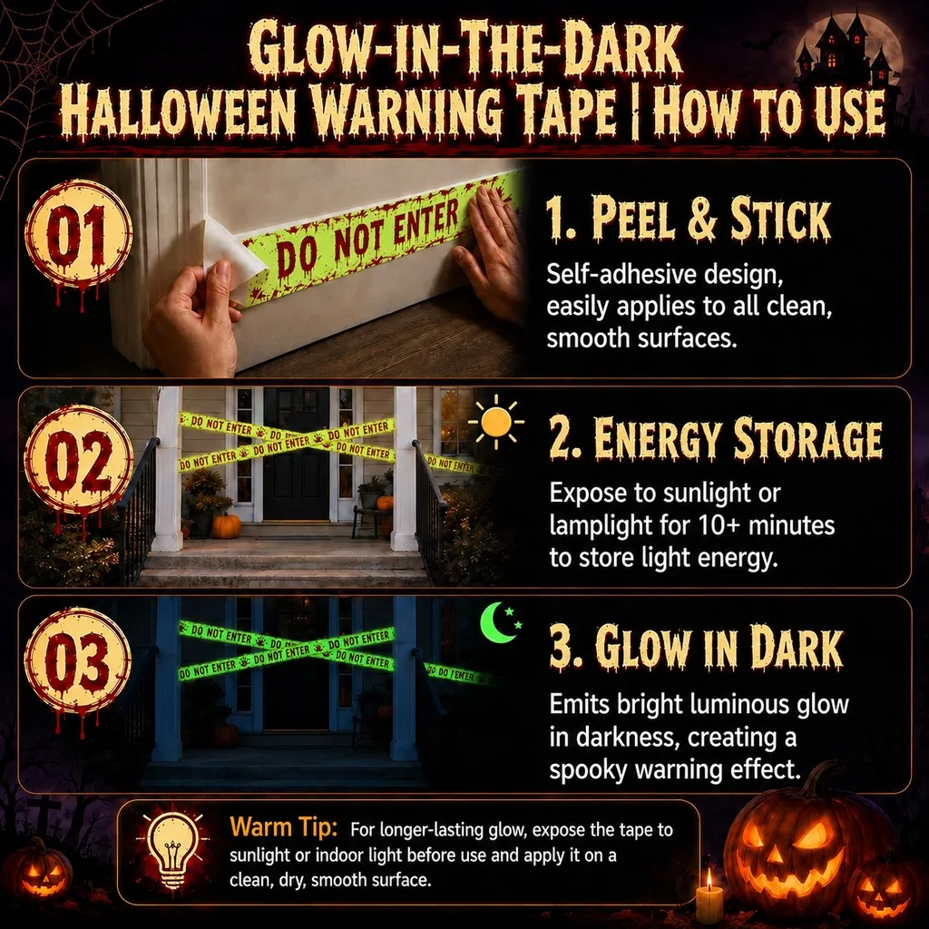 Glow-in-the-Dark Halloween Warning Tape (10 FT / 3M Luminous "DO NOT ENTER" Self-Adhesive Barrier Tape with Dripping Blood & Handprints for Doors, Stairs & Porch) gallery view 3