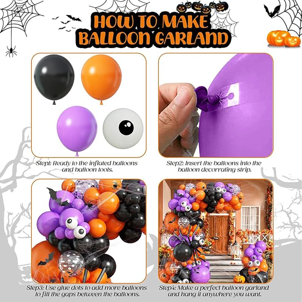 Halloween Balloon Garland Arch Kit (113-Piece Spooky Orange, Purple & Black Party Arch with Giant Balloon Spider, Eyeball Balloons & Assembly Strip) gallery view 5