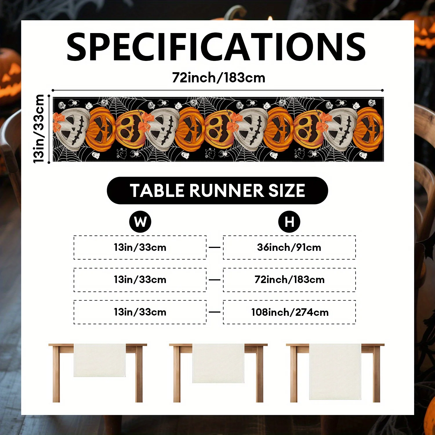 Bohemian Halloween Pumpkin Table Runner (13″ × 72″) – Rustic Linen Decor gallery view 6