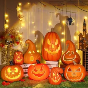 LED Light-Up Triple Layer Halloween Pumpkin (13.4" Pre-Lit 3-Tier Stacked Jack-o'-Lantern with Warm Amber Glow & Battery Power for Porch, Mantel & Tabletop)