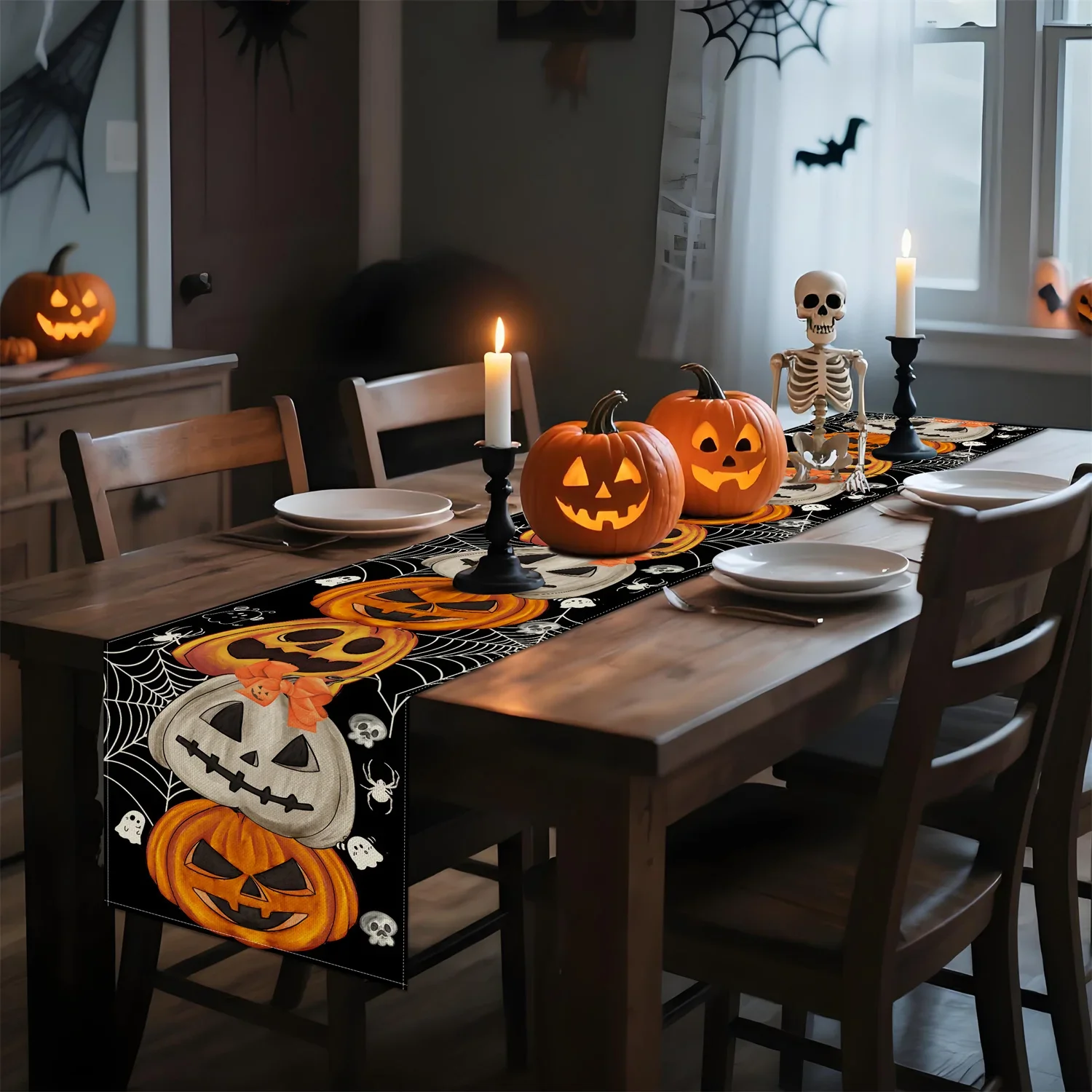 Evening Dining Room Table Setting with Spooky Pumpkin Runner and Glowing Candles