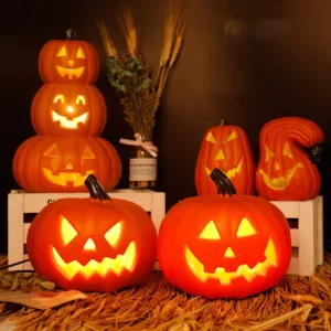 LED Light-Up Triple Layer Halloween Pumpkin (13.4" Pre-Lit 3-Tier Stacked Jack-o'-Lantern with Warm Amber Glow & Battery Power for Porch, Mantel & Tabletop)