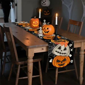 Bohemian Halloween Pumpkin Table Runner (13" × 72") – Rustic Linen Decor