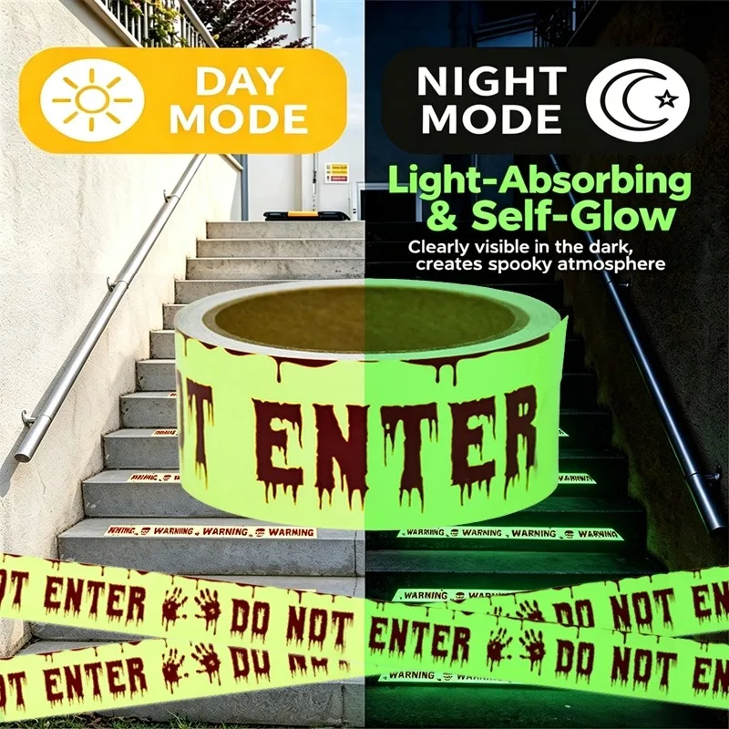 Glow-in-the-Dark Halloween Warning Tape (10 FT / 3M Luminous "DO NOT ENTER" Self-Adhesive Barrier Tape with Dripping Blood & Handprints for Doors, Stairs & Porch) gallery view 8