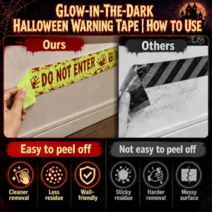 Glow-in-the-Dark Halloween Warning Tape (10 FT / 3M Luminous "DO NOT ENTER" Self-Adhesive Barrier Tape with Dripping Blood & Handprints for Doors, Stairs & Porch)