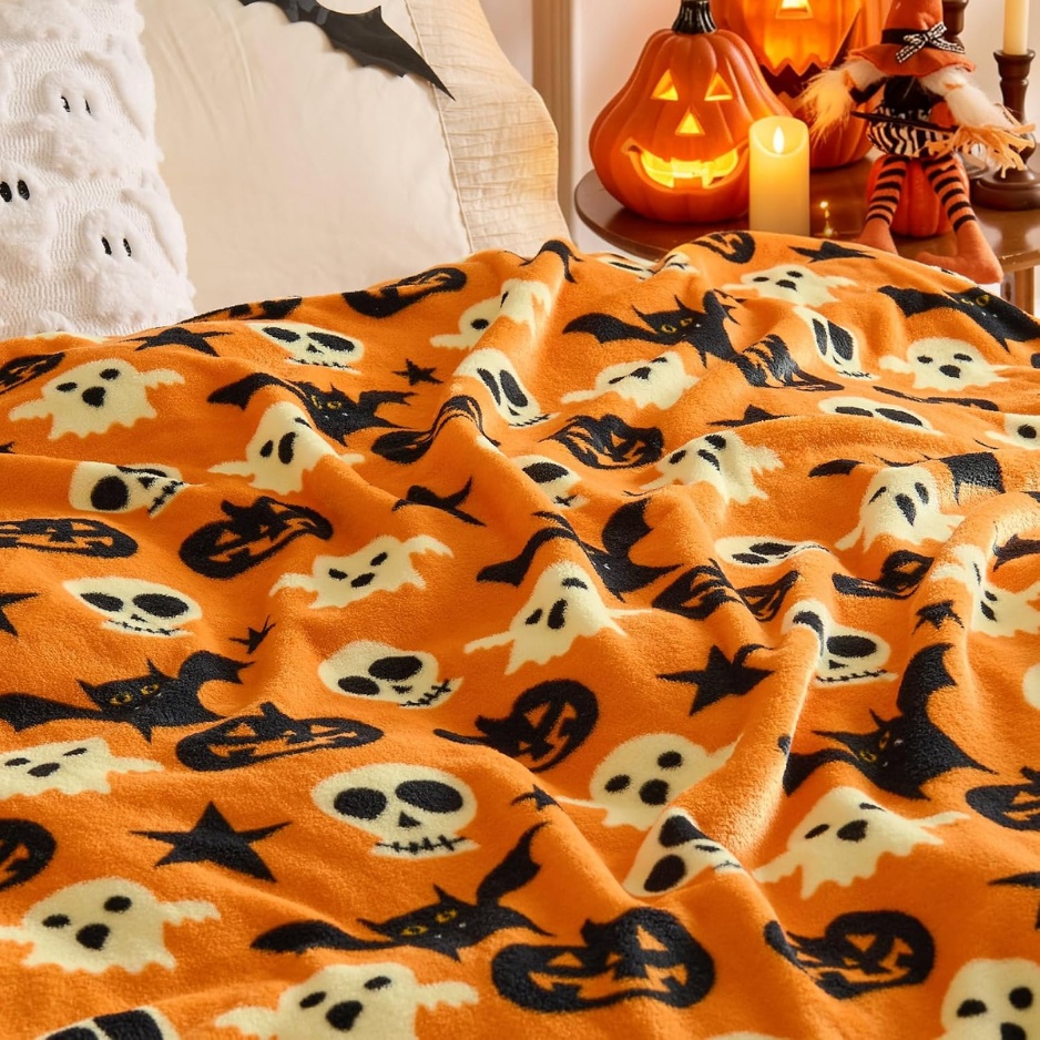 Halloween Plush Throw Blanket (50" × 60" Cozy Flannel Fleece Blanket with Ghosts, Pumpkins, Skulls & Bats, Spooky Orange Autumn Sofa & Bed Decor) gallery view 4