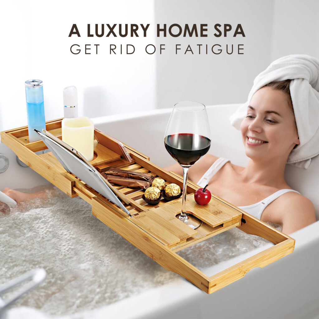 Extendable Bamboo Bathtub Caddy Tray with Wine Glass Holder & Tablet Reading Rack (Adjustable 27.6" – 41.3" Home Spa Organizer)