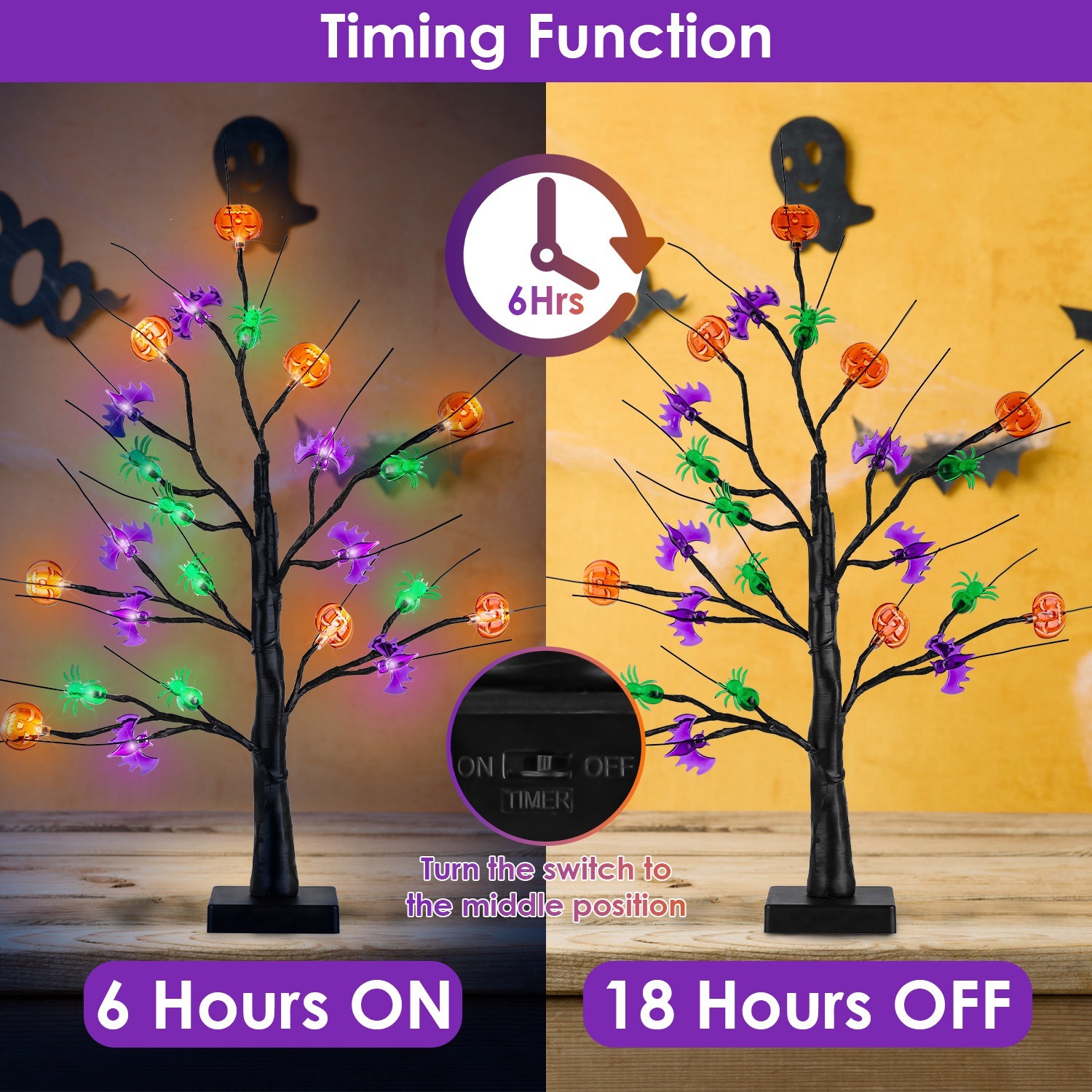 2-Pack 24″ Lighted Black Halloween Trees with Timer – Pre-Lit Tabletop Branch Decor for Indoor Party gallery view 5