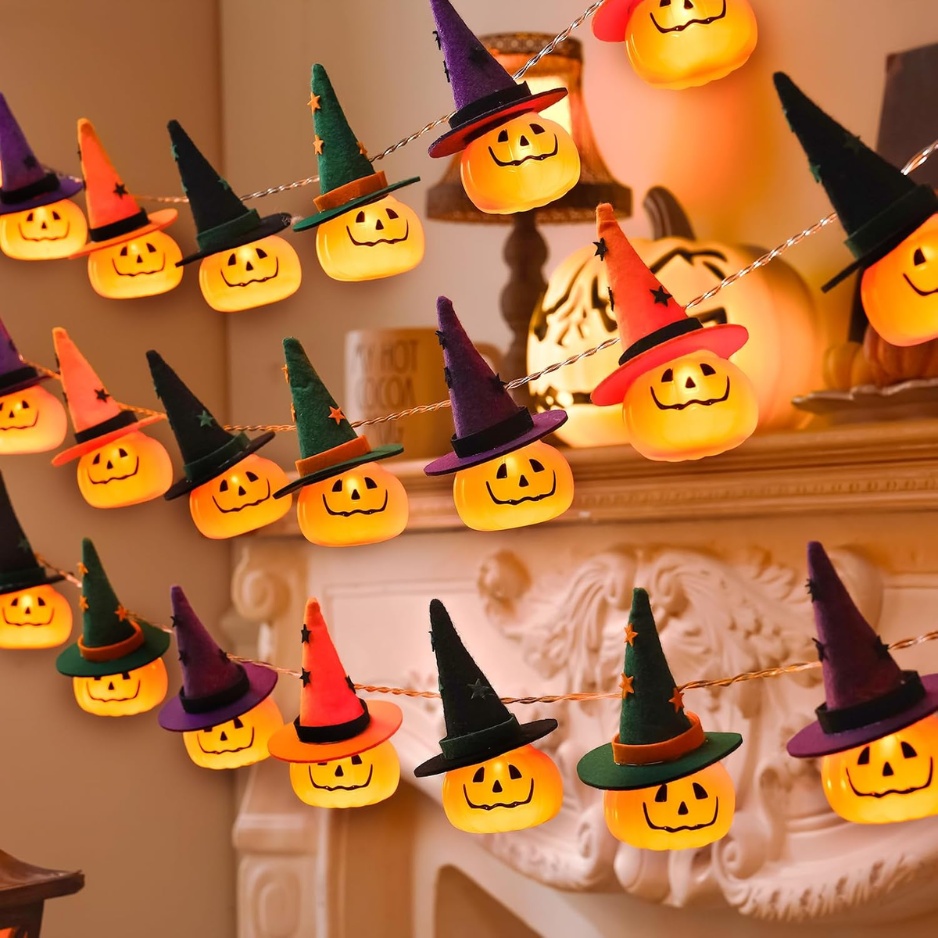 Halloween Pumpkin Fairy Lights Draped on Cozy Fireplace Mantel