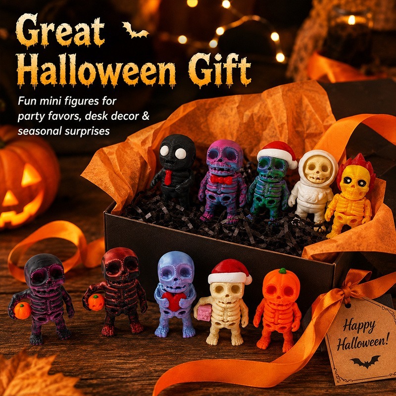 3D Printed Mini Skeleton Figurines 10-Pack (Assorted Halloween Character Desk Decor, Articulated Sculpted PLA Figures for Tiered Trays, Party Favors & Shelves)