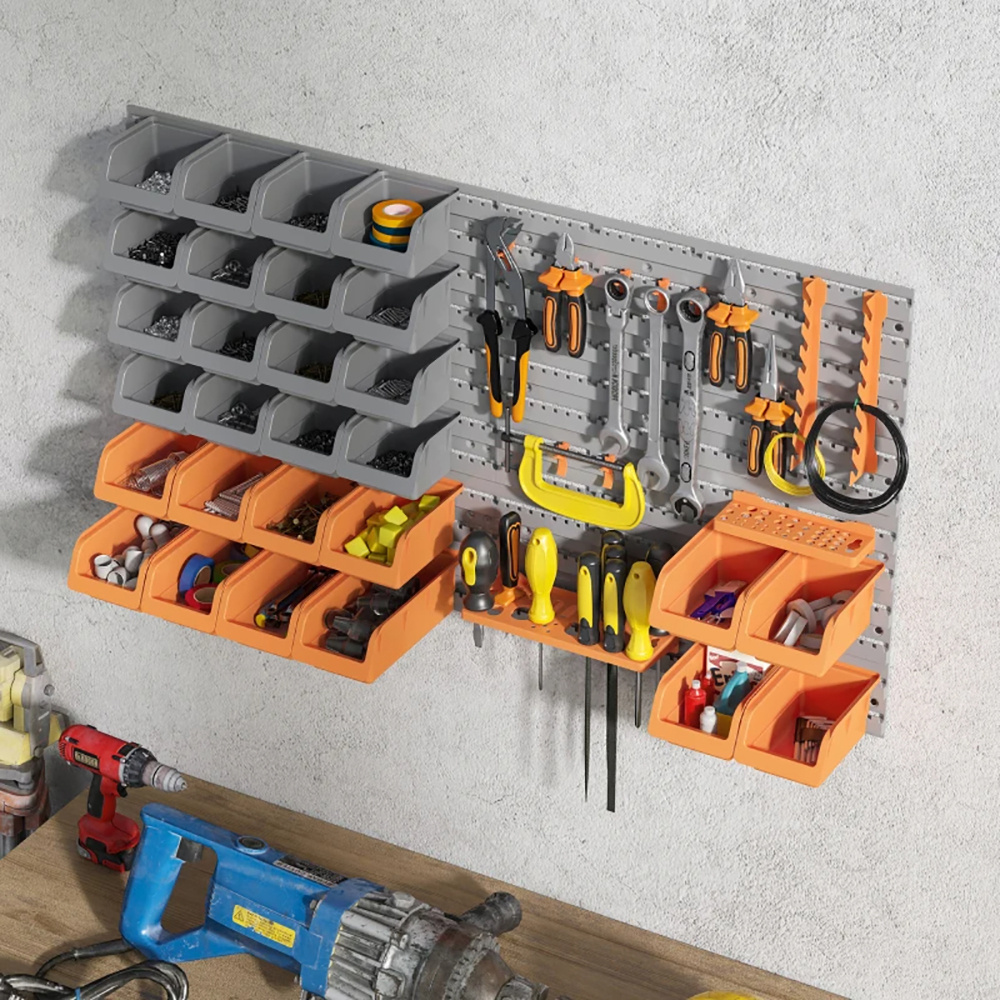 Angled View of Wall Mounted Pegboard Tool Organizer System
