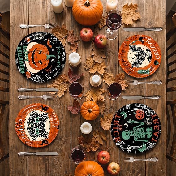 Vintage Halloween Party Paper Plates Set (48-Pack / 400GSM Heavy-Duty – 9″ & 7″) gallery view 3