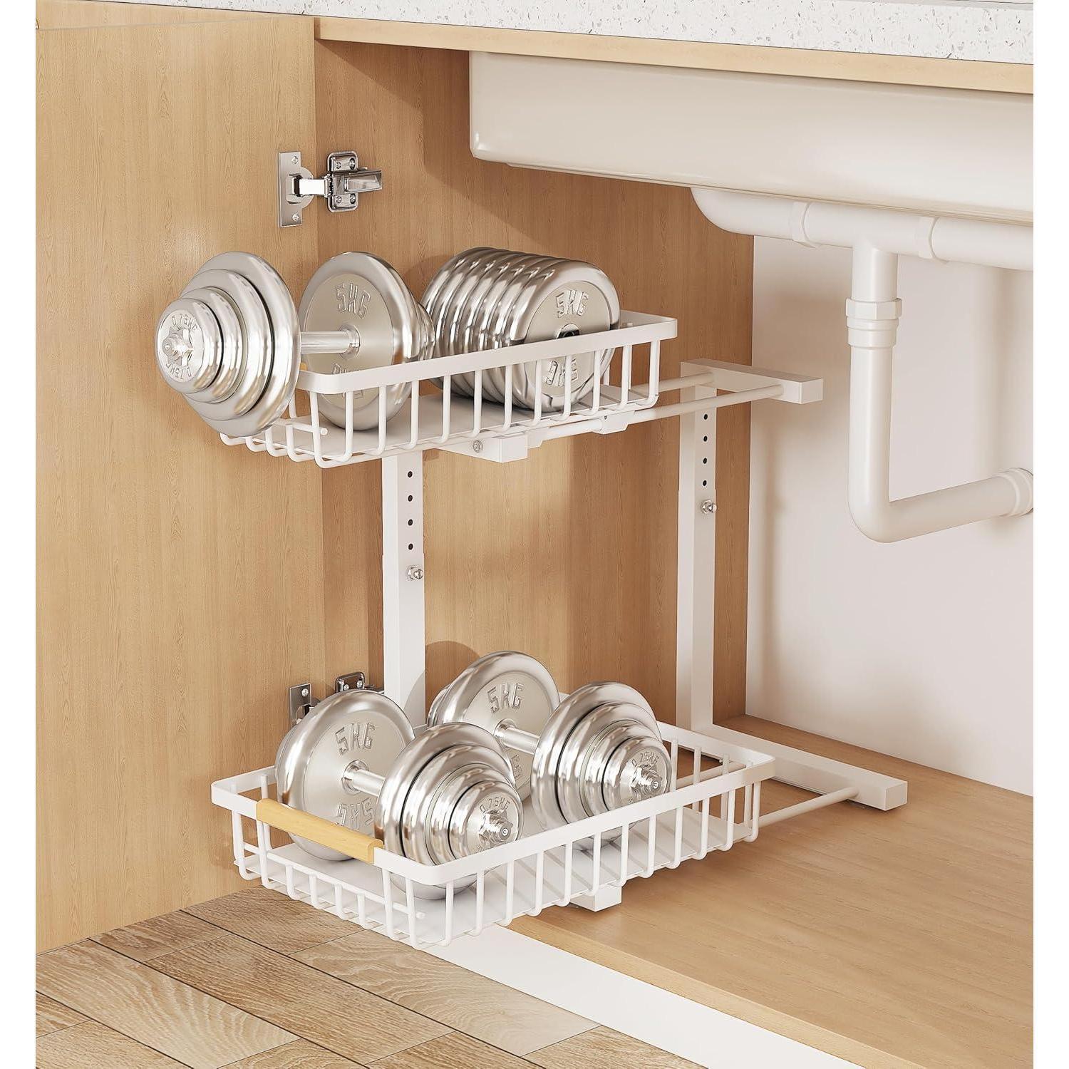 2-Tier Adjustable Under Sink Organizer (Pull-Out L-Shaped Metal Storage Rack for Kitchen & Bathroom) gallery view 5