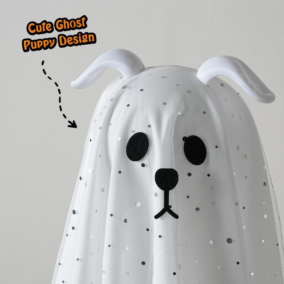 Lighted Halloween Hanging Ghost Dogs 3-Pack (Assorted 38.6" & 24.4" Fabric Puppy Ghosts with Warm LED Lights & Remote, Floppy Ears & Glitter Gauze Outdoor Porch & Yard Decor) gallery view 2