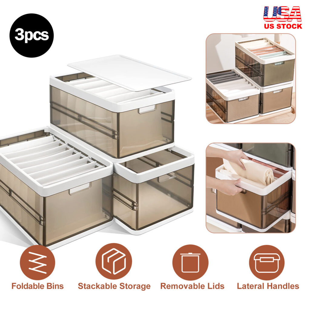 3-Pack Stackable Foldable Storage Bins with Lids & Removable Dividers (Collapsible Closet Drawer Organizers)