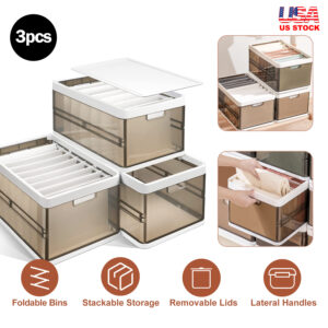 3-Pack Stackable Foldable Storage Bins with Lids & Removable Dividers (Collapsible Closet Drawer Organizers)