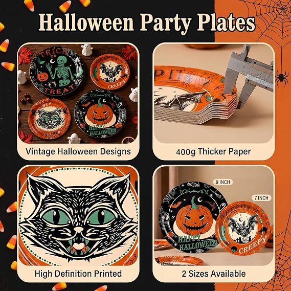 Vintage Halloween Party Paper Plates Set (48-Pack / 400GSM Heavy-Duty – 9″ & 7″) gallery view 4