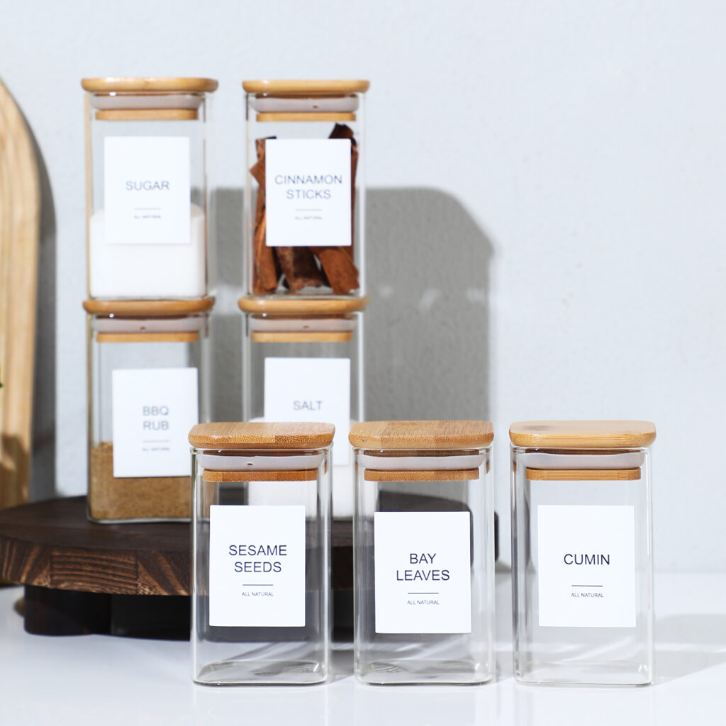24-Piece Square Glass Spice Jars Set with Airtight Bamboo Lids & Labels (8 oz / 240ml Pantry & Drawer Organizers)