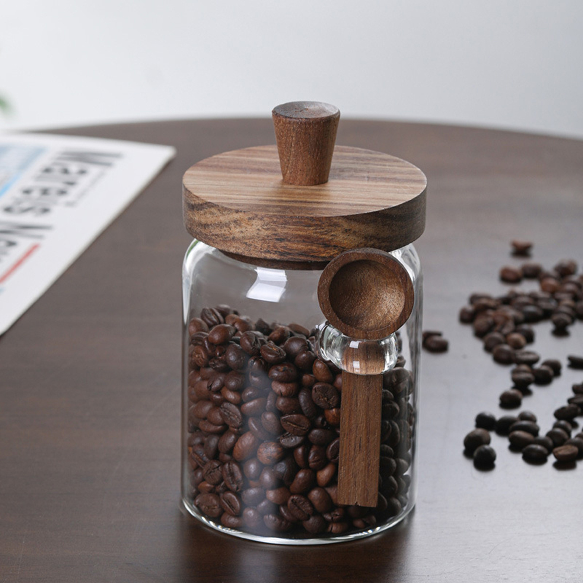Handcrafted Wooden Scoop Spoon In Action Scooping Coffee Grounds