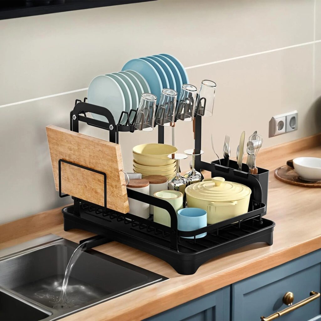 2-Tier Dish Drying Rack with 360° Swivel Drainboard (Rustproof Kitchen Counter Organizer)