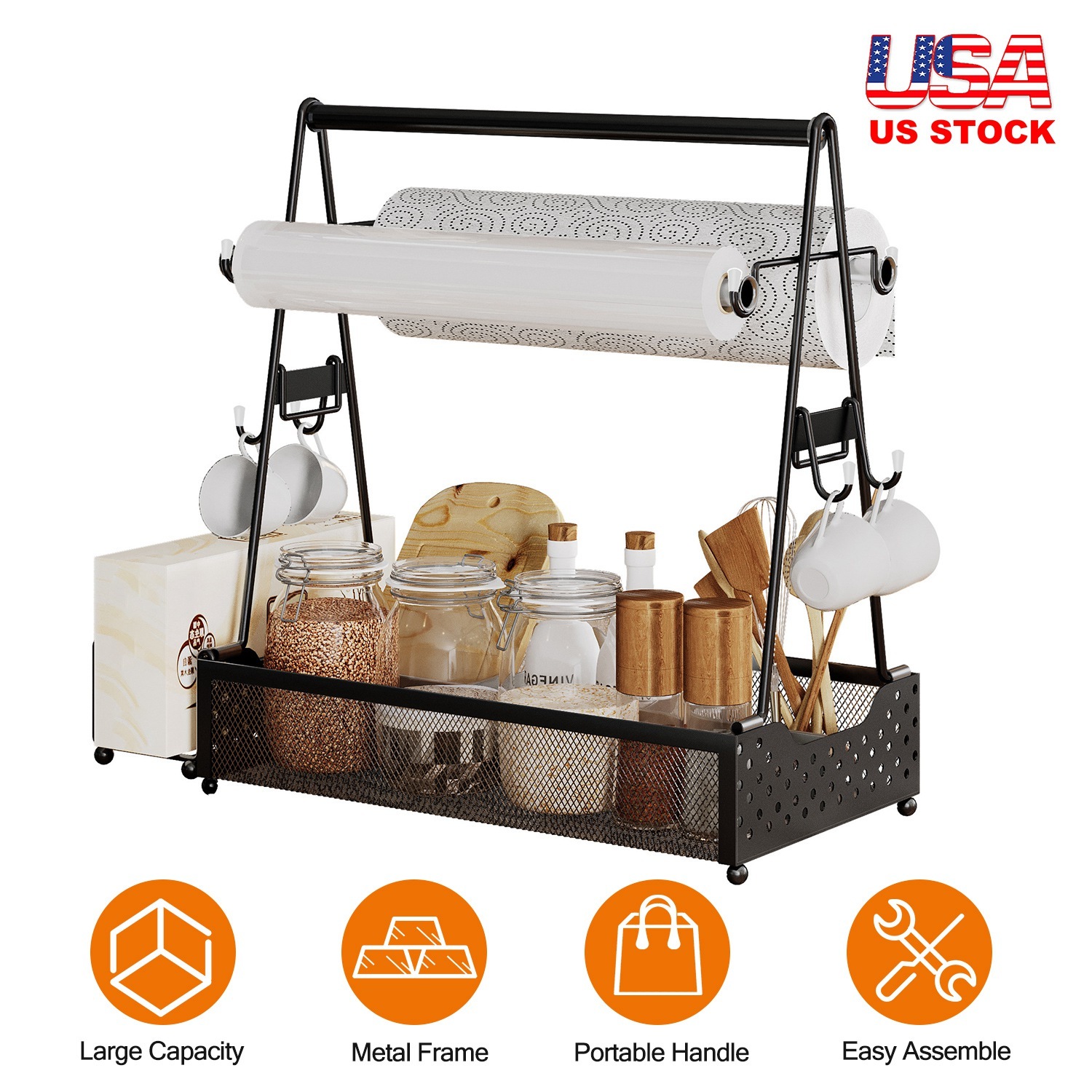 Metal Grill Caddy with Paper Towel Holder & Utensil Organizer (Outdoor BBQ & Picnic Cookout Station) gallery view 2