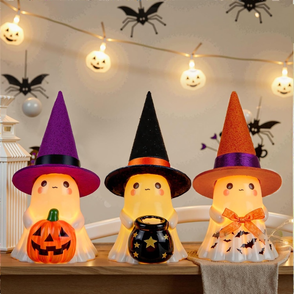 Cute Ceramic Light-Up Ghost Figurines 3-Pack (Hand-Glazed Porcelain Tabletop Ghosts with Felt Witch Hats, Warm LED Night Light for Fireplace Mantel, Tiered Tray & Shelf Decor)
