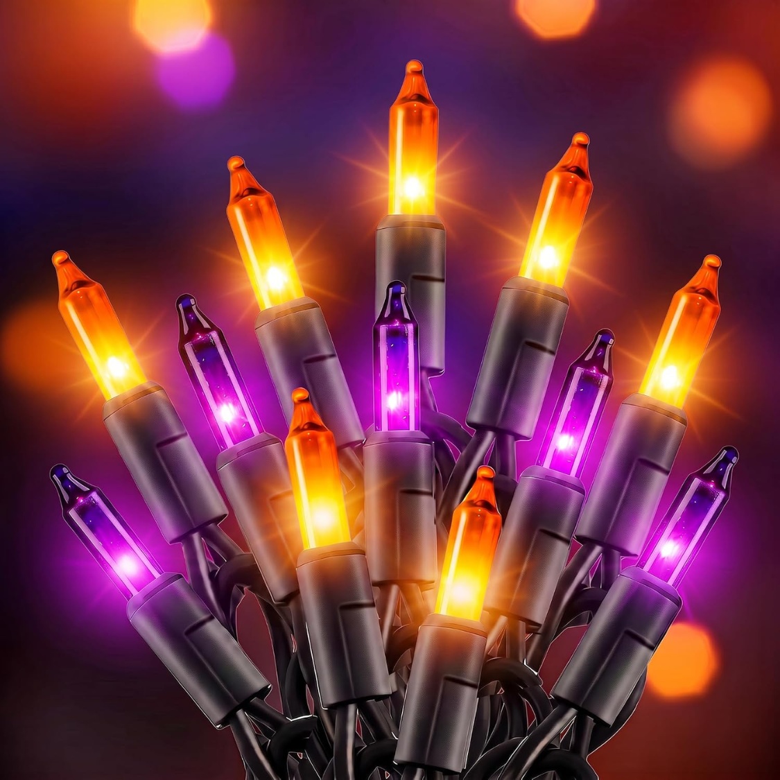 Vintage Purple & Orange Halloween String Lights Glowing in Darkness