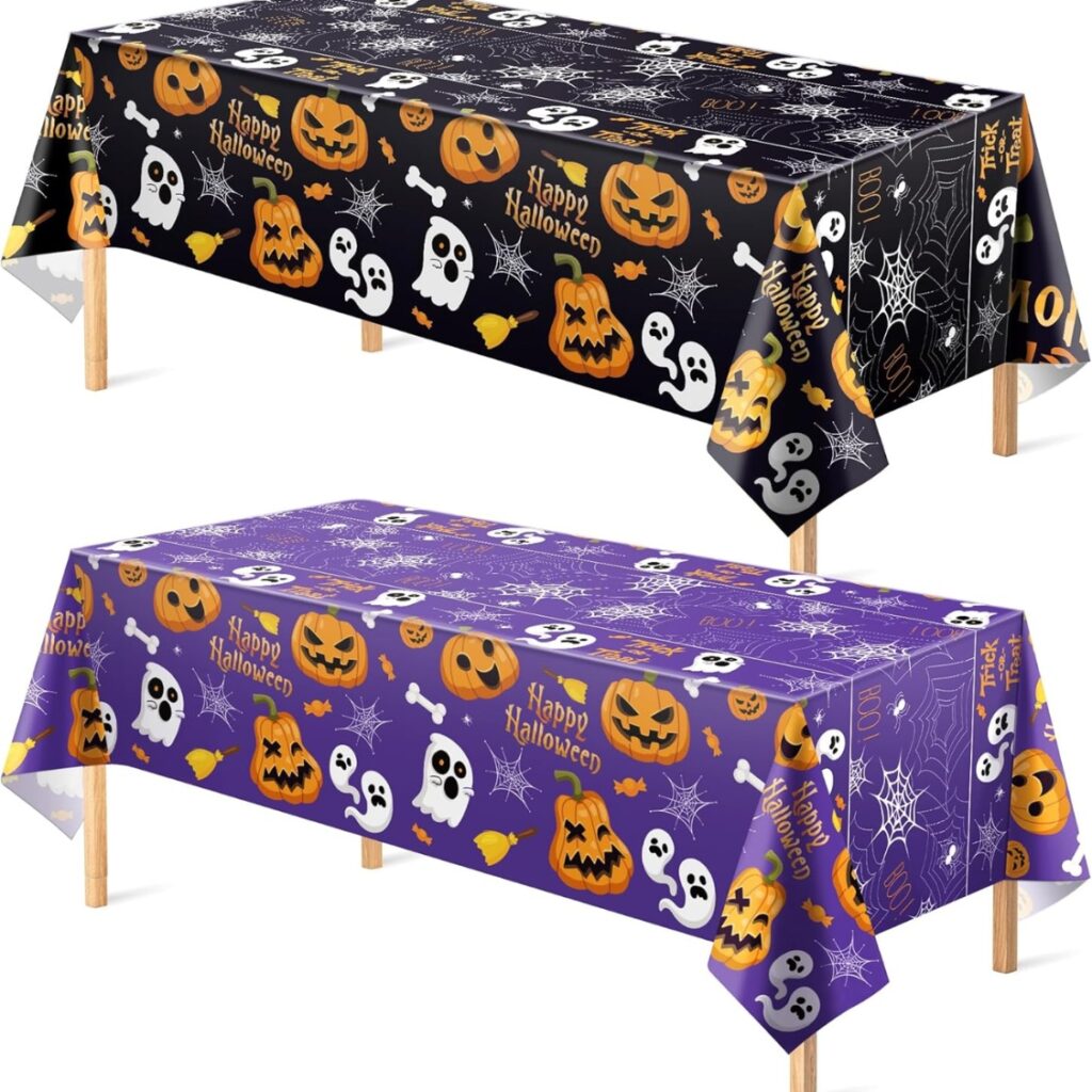 Disposable Halloween Plastic Tablecloth 2-Pack (87" × 51" Waterproof & Oil-Proof Rectangular Table Covers, 1 Black & 1 Purple for Parties, Pumpkin Carving & Buffets)