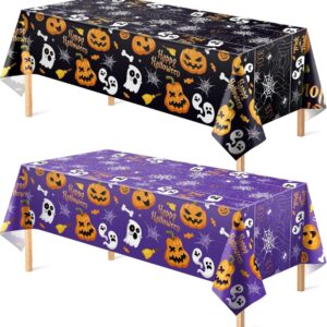 Disposable Halloween Plastic Tablecloth 2-Pack (87" × 51" Waterproof & Oil-Proof Rectangular Table Covers, 1 Black & 1 Purple for Parties, Pumpkin Carving & Buffets)