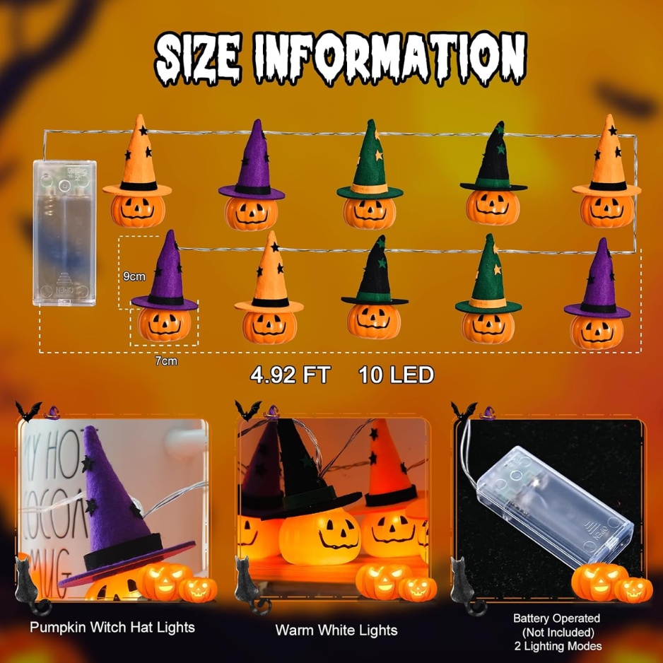 Halloween Pumpkin Witch Hat String Lights (4.9 FT 10-LED Jack-O'-Lantern Fairy Lights, 2 Lighting Modes, Battery-Operated Spooky Indoor & Outdoor Holiday Decor) gallery view 4