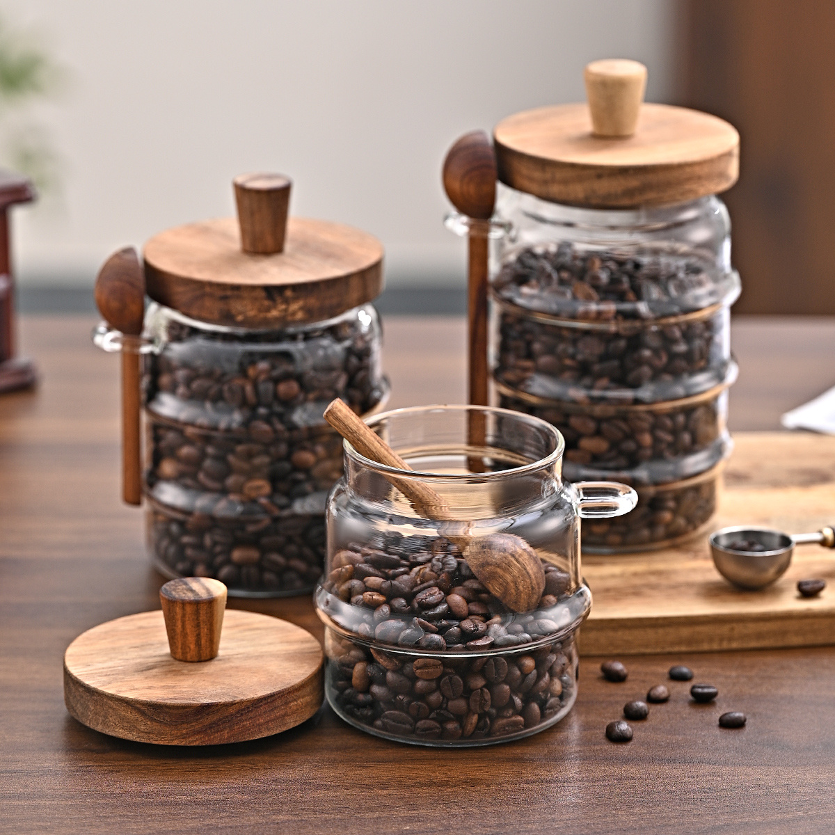 Wooden Serving Board Arrangement with Fresh Coffee and Brown Sugar