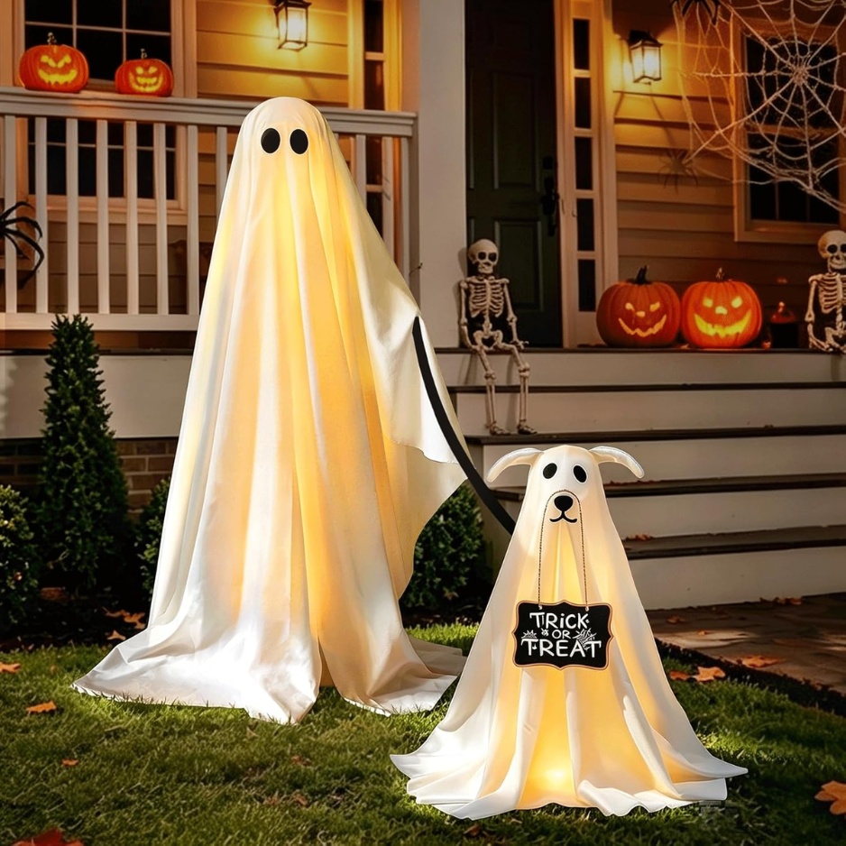 Lighted Ghost Walking Dog Halloween Decor 2-Piece Set (Standing 47" Ghost with Leash & 27.5" Puppy with Trick-or-Treat Sign, 8 Modes & Remote, Milk Fleece Indoor & Outdoor Lawn Yard Decor) gallery view 5