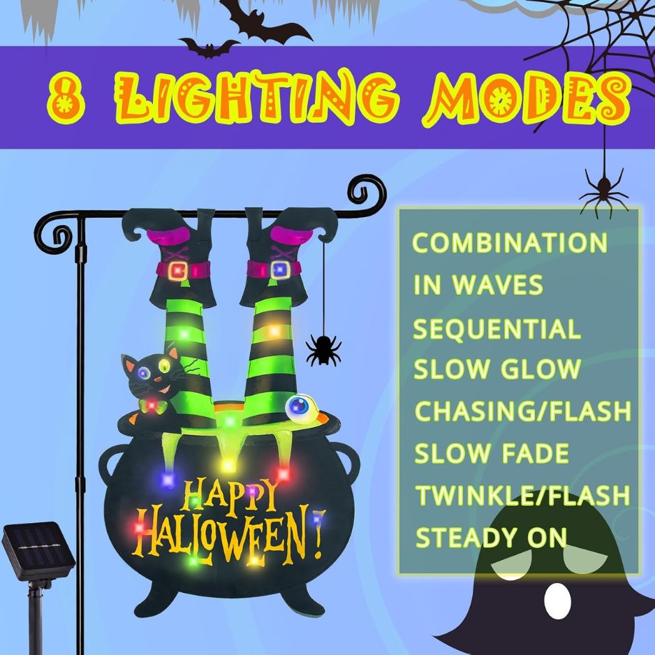 Solar-Powered Lighted Witch Feet Halloween Garden Flag (12" × 18" Double-Sided Yard Decor, 8 Lighting Modes, Waterproof Fabric with Solar Panel for Lawn, Walkway & Porch) gallery view 6