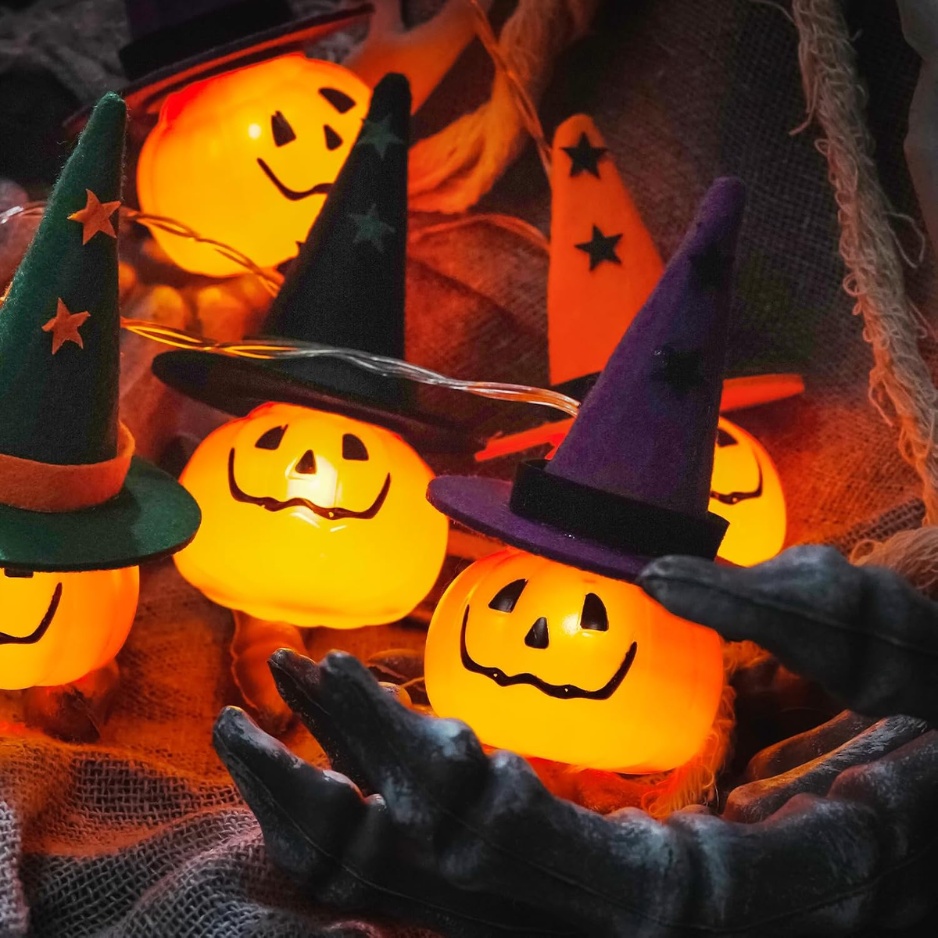 Halloween Pumpkin Witch Hat String Lights (4.9 FT 10-LED Jack-O'-Lantern Fairy Lights, 2 Lighting Modes, Battery-Operated Spooky Indoor & Outdoor Holiday Decor) gallery view 3