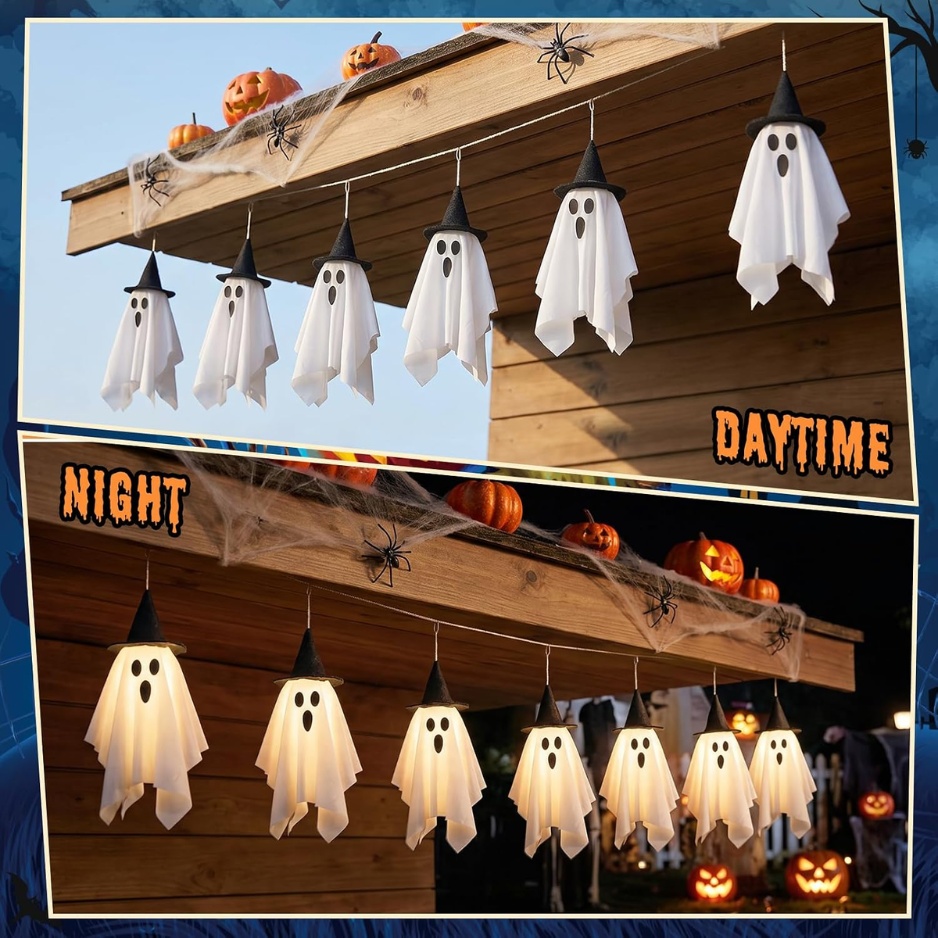 Halloween Light-Up Ghost String Lights with Witch Hats (12.5 FT 10-LED Glowing Fabric Ghosts, 8 Lighting Modes & 6H Timer, Battery-Operated Waterproof Outdoor Porch & Yard Decor) gallery view 4